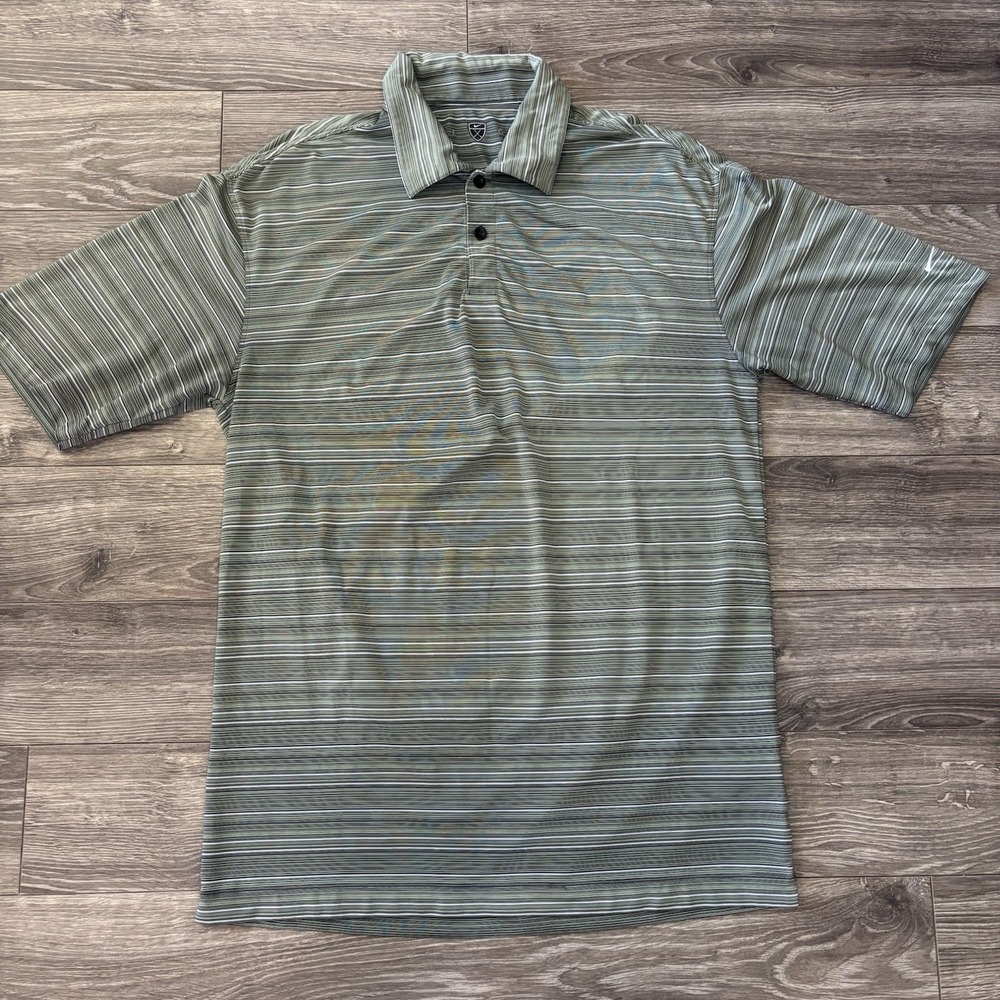 Nike Golf Polo Mens M Green Striped Performance Shirt Casual Stretch Fit Dry‎